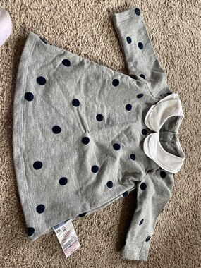 Jacadi new Gray Polka Dot Baby Dress with White Peter Pan Collar baby girl 6M